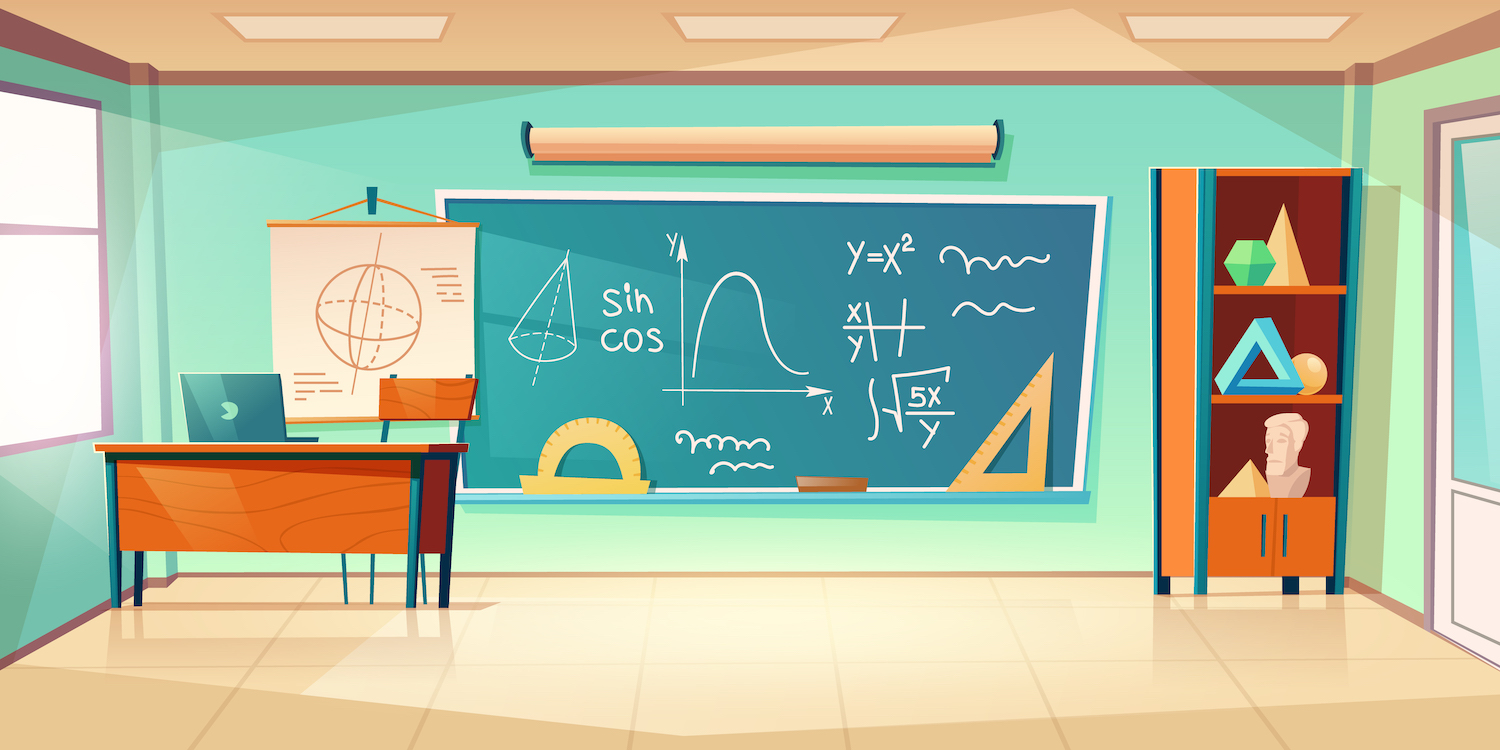 Classroom for math learning with formula on chalkboard. Vector cartoon illustration of empty school class interior for mathematics, geometry and algebra learning