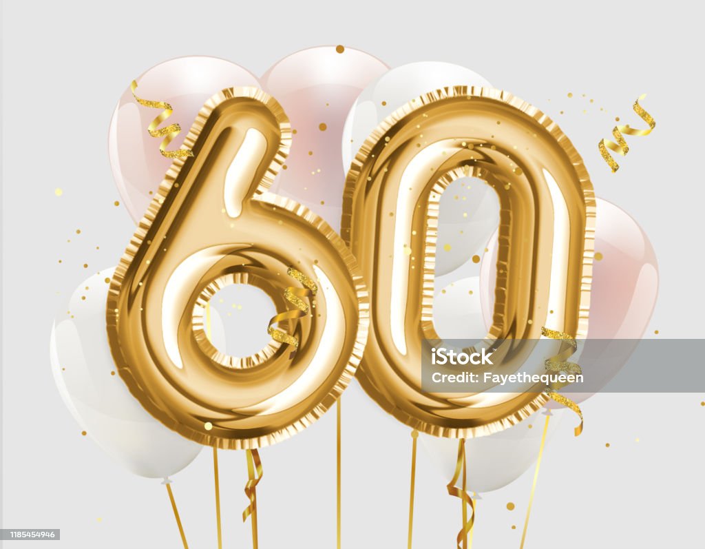 Happy 60th birthday gold foil balloon greeting background. 60 years anniversary logo template- 60th celebrating with confetti. Photo stock.