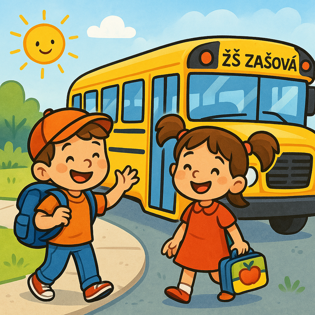 A cheerful, cartoon-style illustration of two 6-year-old children getting ready for school. One is a